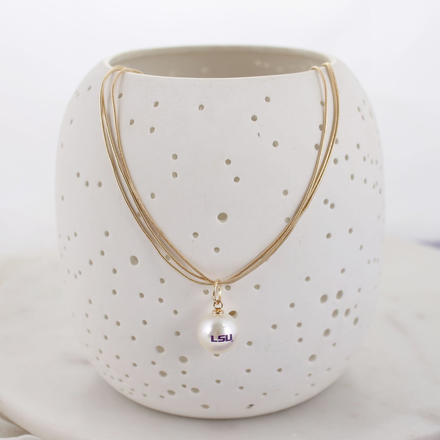 18" LSU Gold & Pearl Logo 3-Strand Necklace