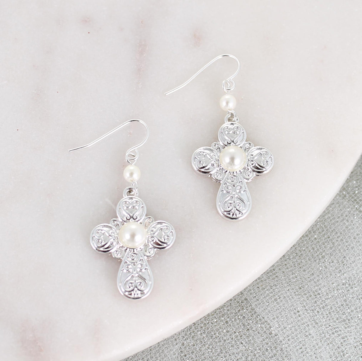 Silver Filigree & Pearl Cross Earrings