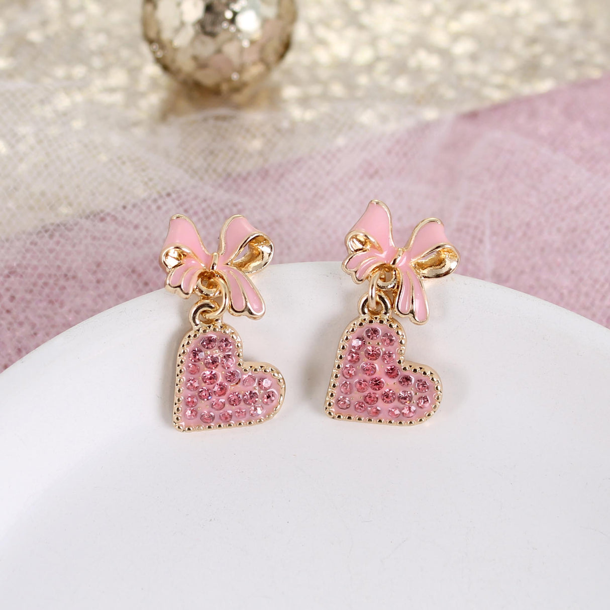 Pink Bow w/ Dangle Heart Valentine’s Day Earrings