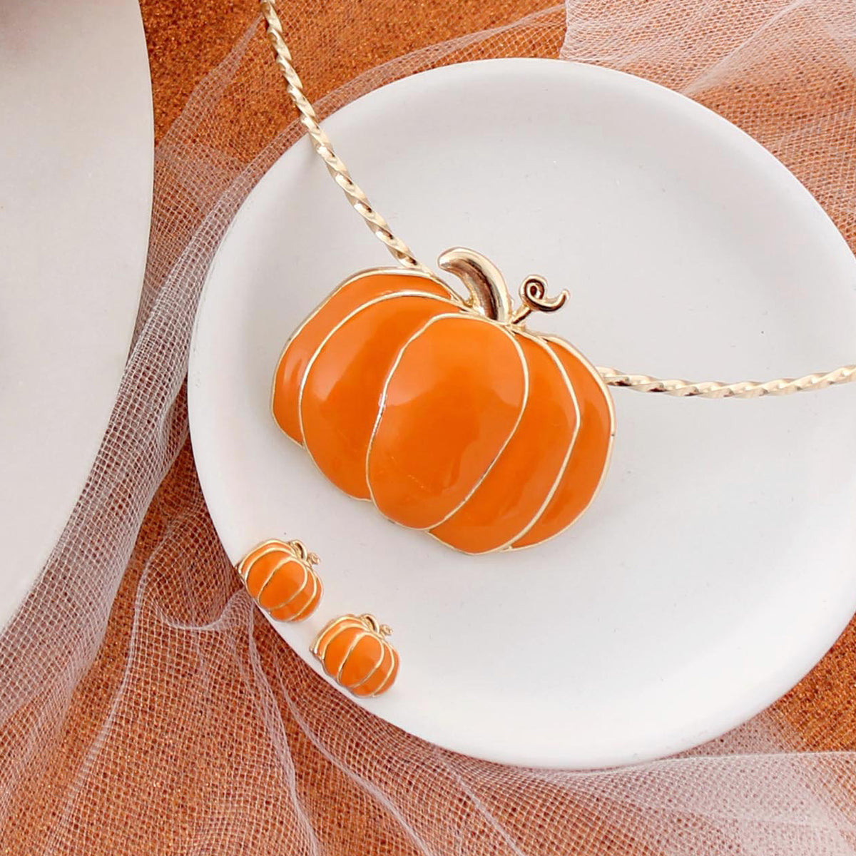 Orange & Gold Enamel Fall Pumpkin Stud Earrings