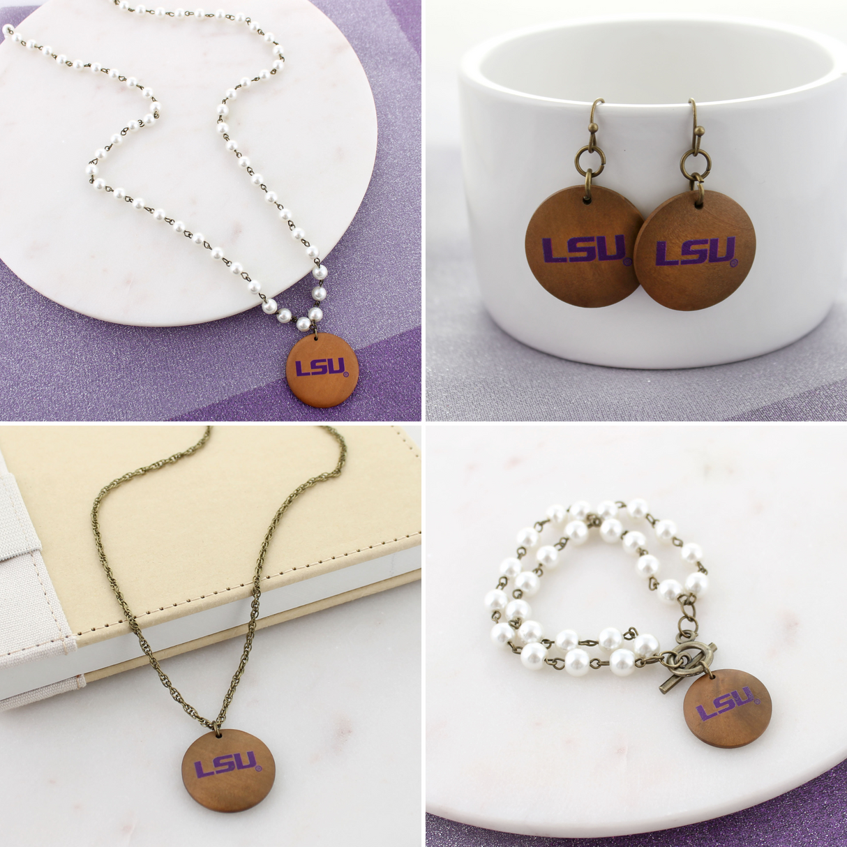 LSU Pearl & Wood Jewelry Gift Set