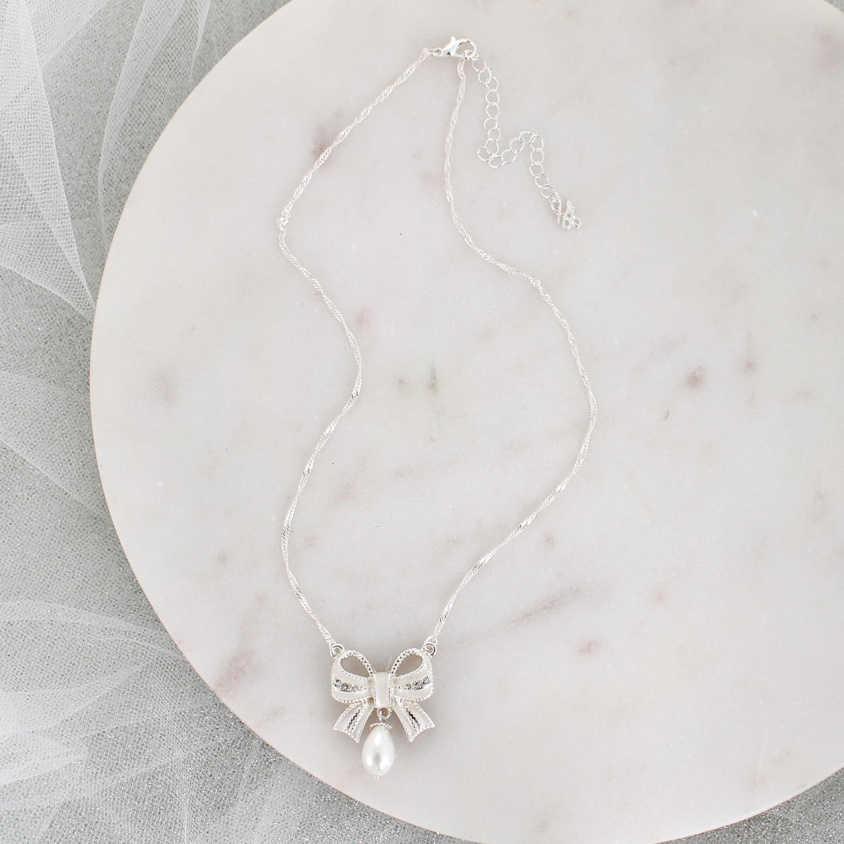 Crystal Bow w/Dangle Pearl Necklace