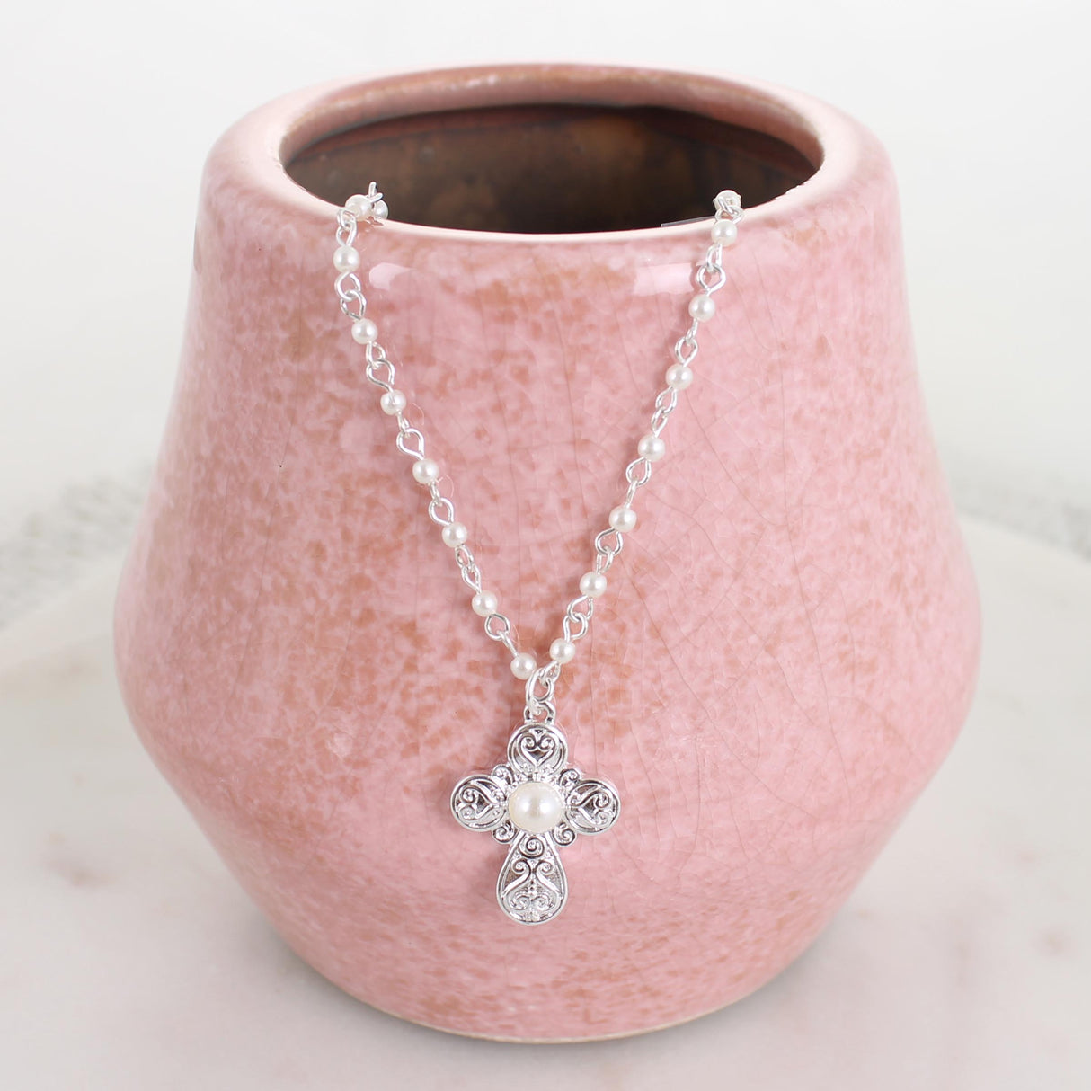 Silver Filigree & Pearl Cross Necklace