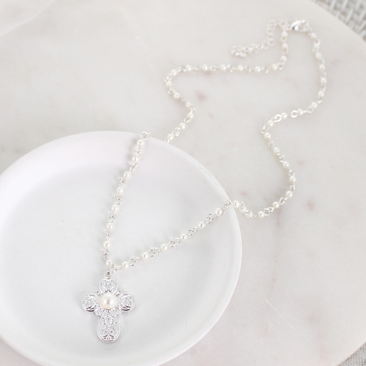 Silver Filigree & Pearl Cross Necklace