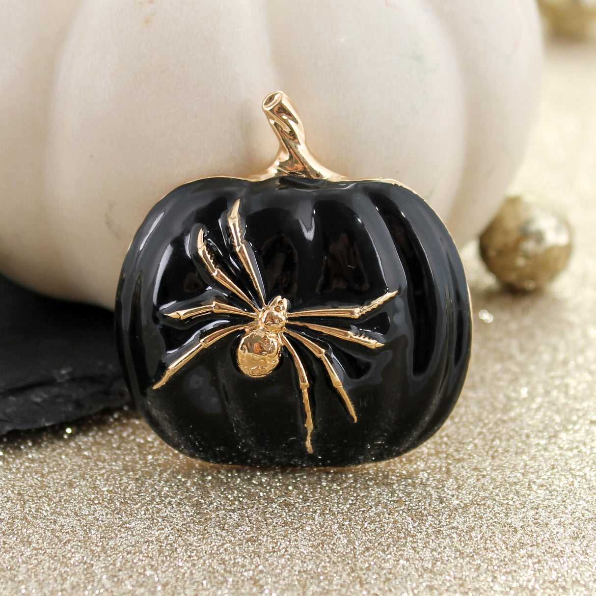 Black Pumpkin w/ Gold Spider Pin/Pendant