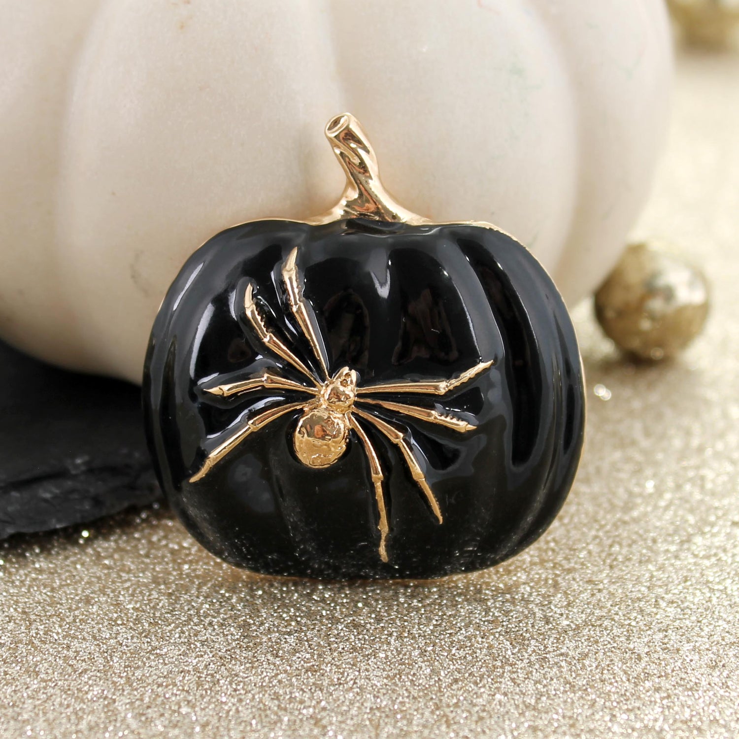 Black Pumpkin w/ Gold Spider Pin/Pendant