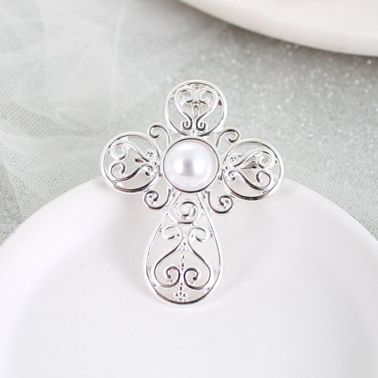 Silver Filigree & Pearl Cross Pin/Pendant