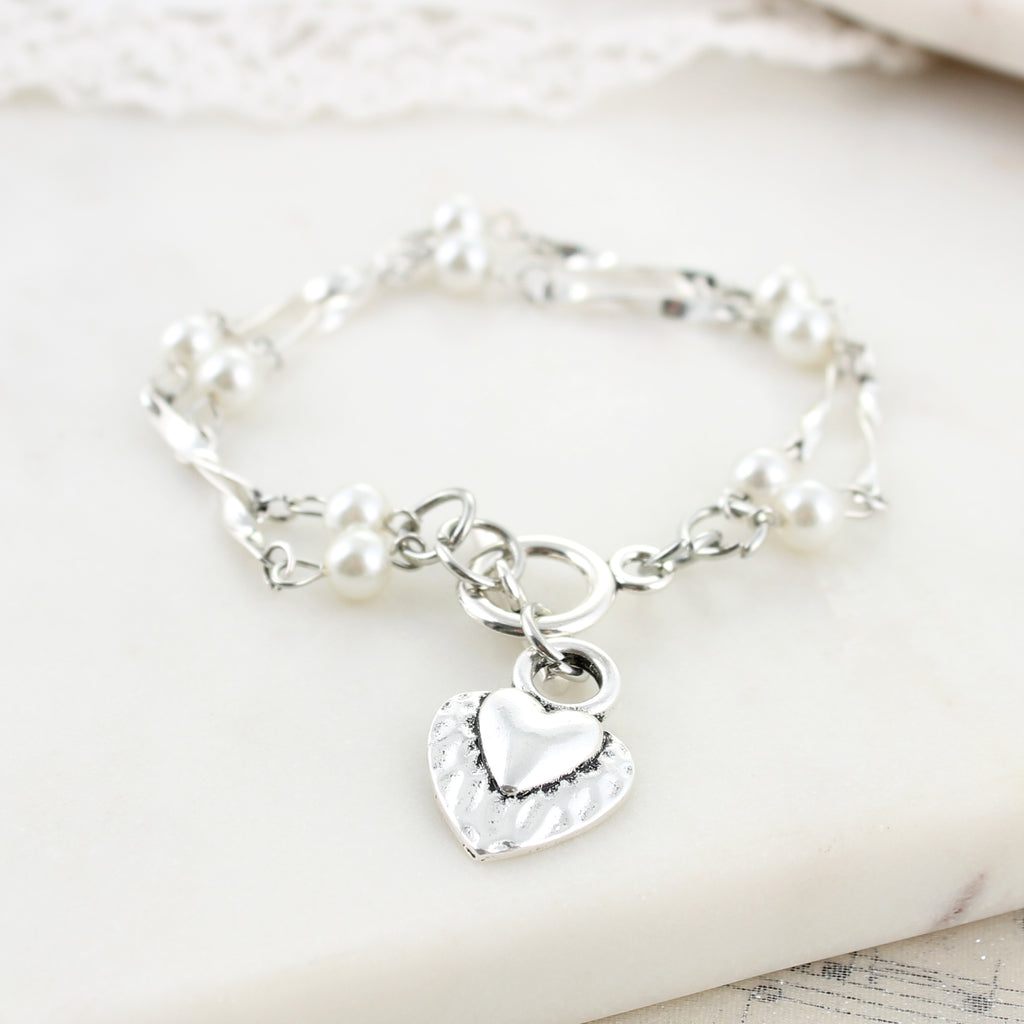 Silver Heart & Pearl Toggle Bracelet