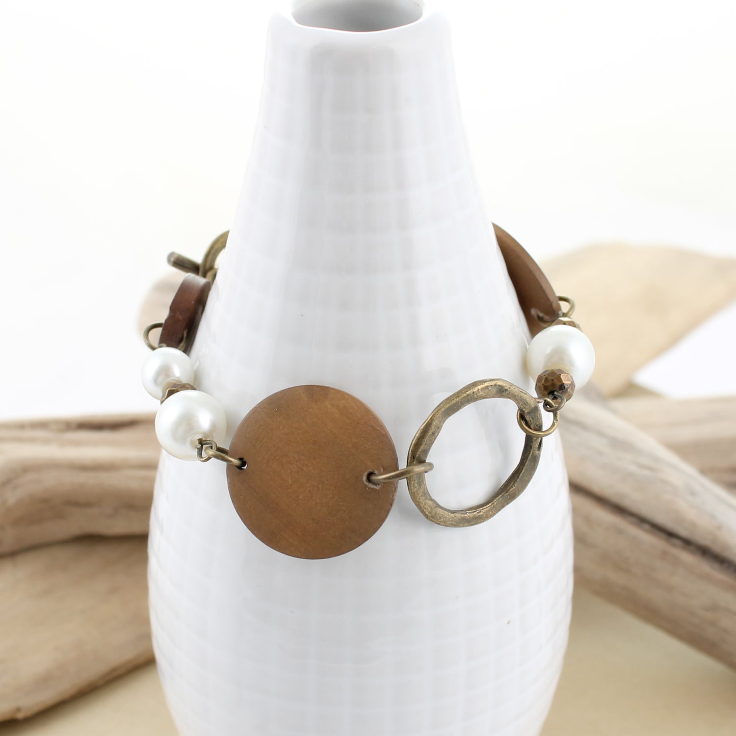 Wood Disc & Pearl Toggle Clasp Bracelet