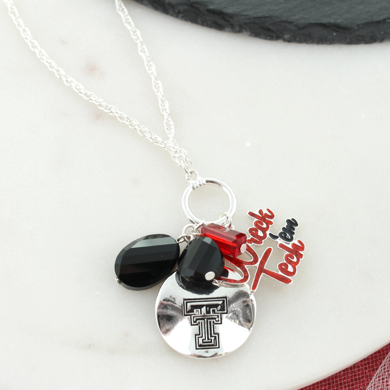 Texas Tech Logo Disc & Slogan Cluster Convertible Necklace