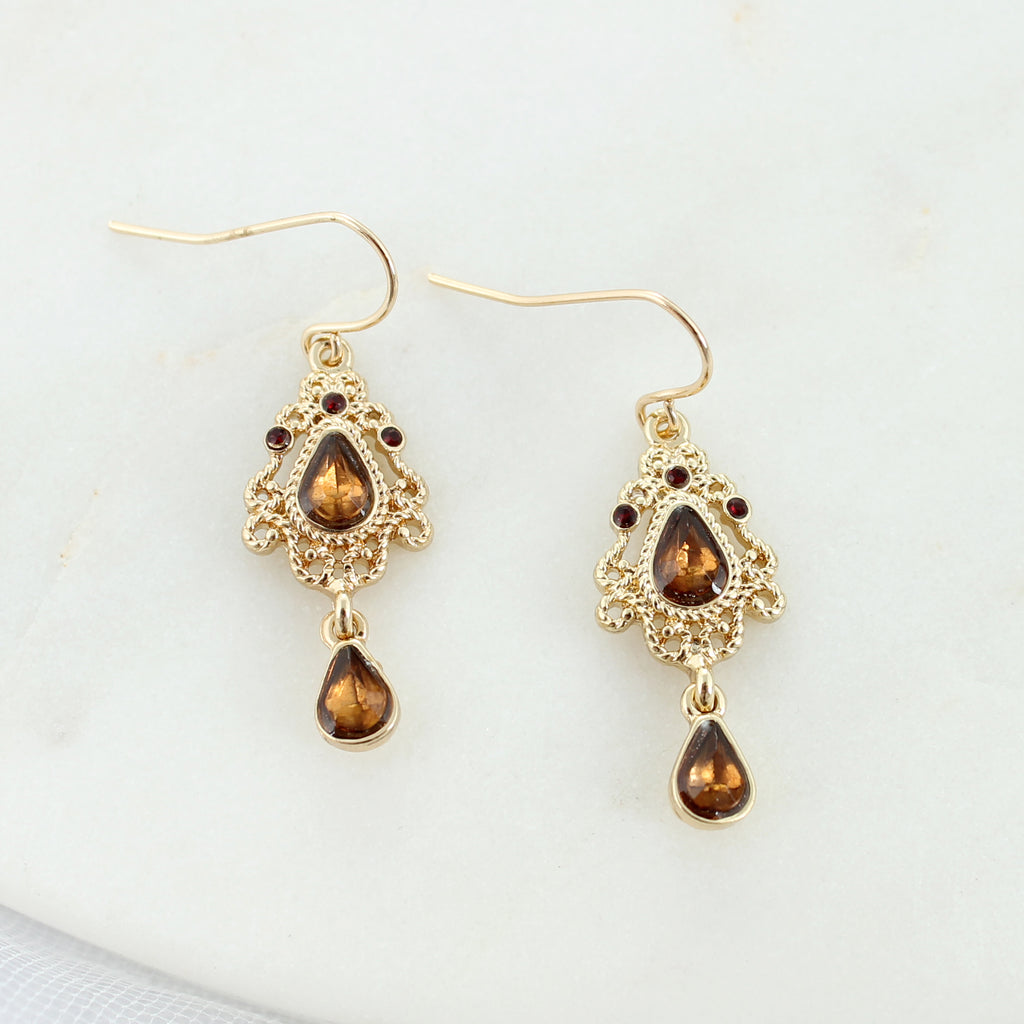 Gold Teardrop Filigree & Crystal Earrings