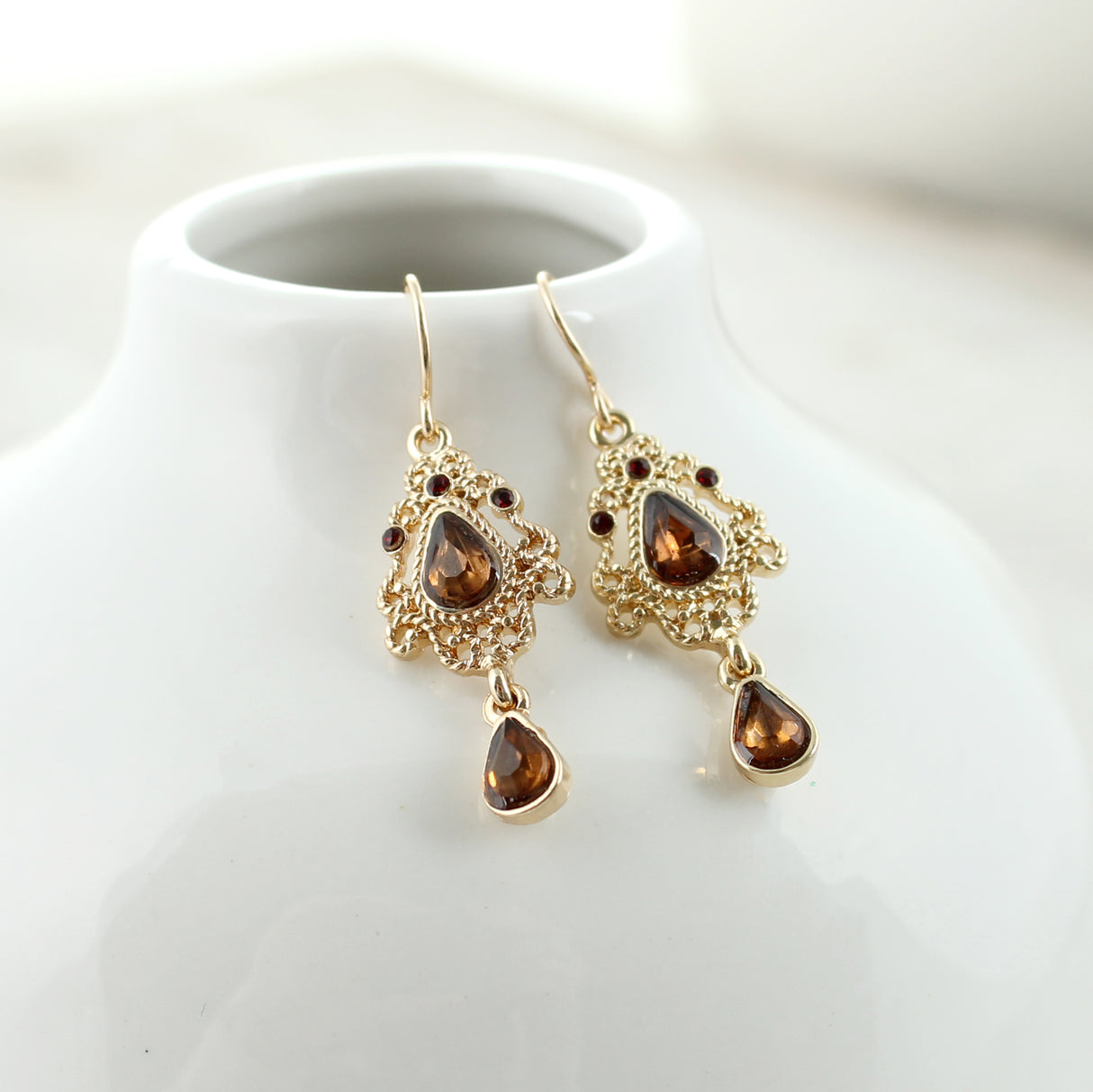 Gold Teardrop Filigree & Crystal Earrings