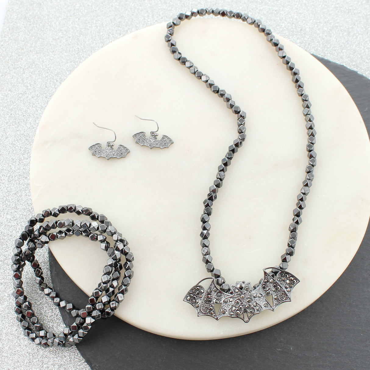 Gunmetal Bat Halloween Earrings