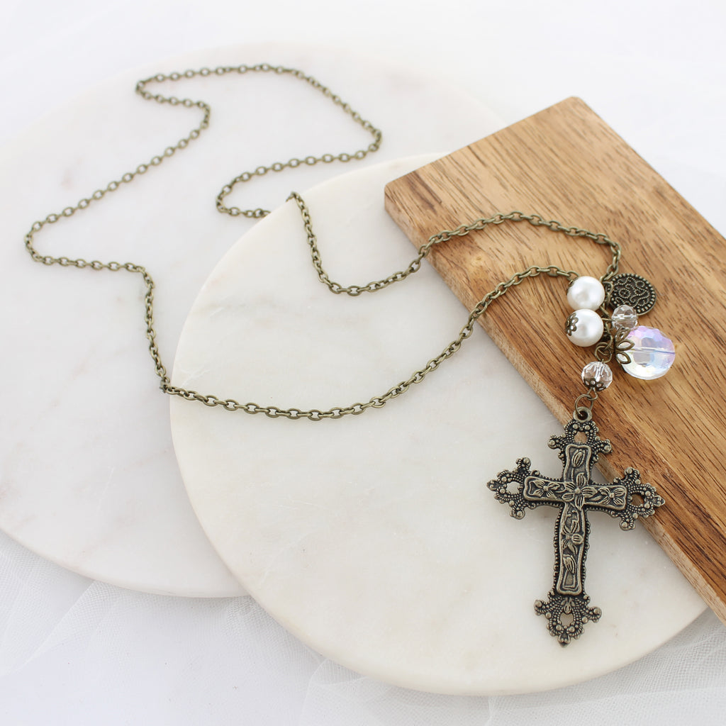 32" Vintage Cross, Crystal & Pearl Cluster Necklace