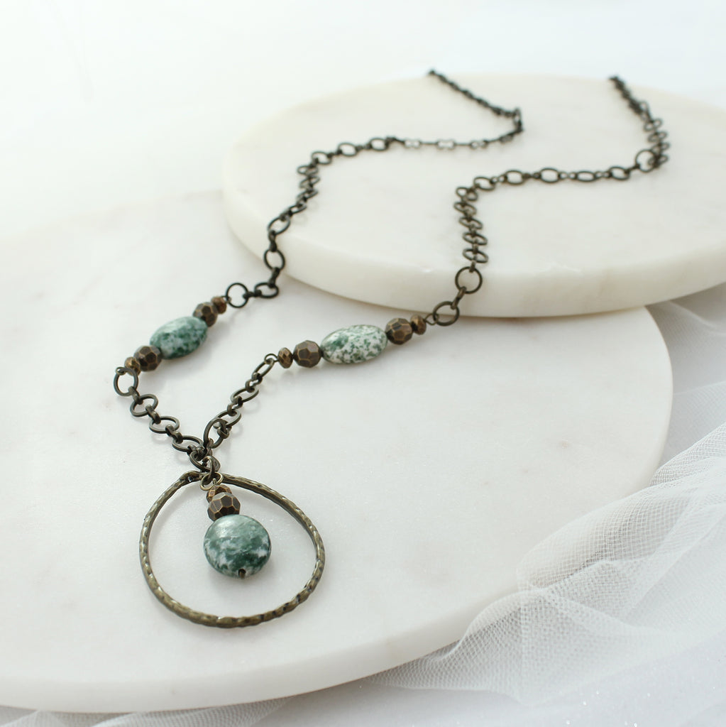 34” Green Stone & Vintage Bead Necklace w/Teardrop Pendant