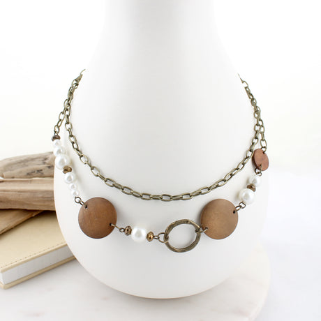 35" Wood Disc & Pearl Necklace