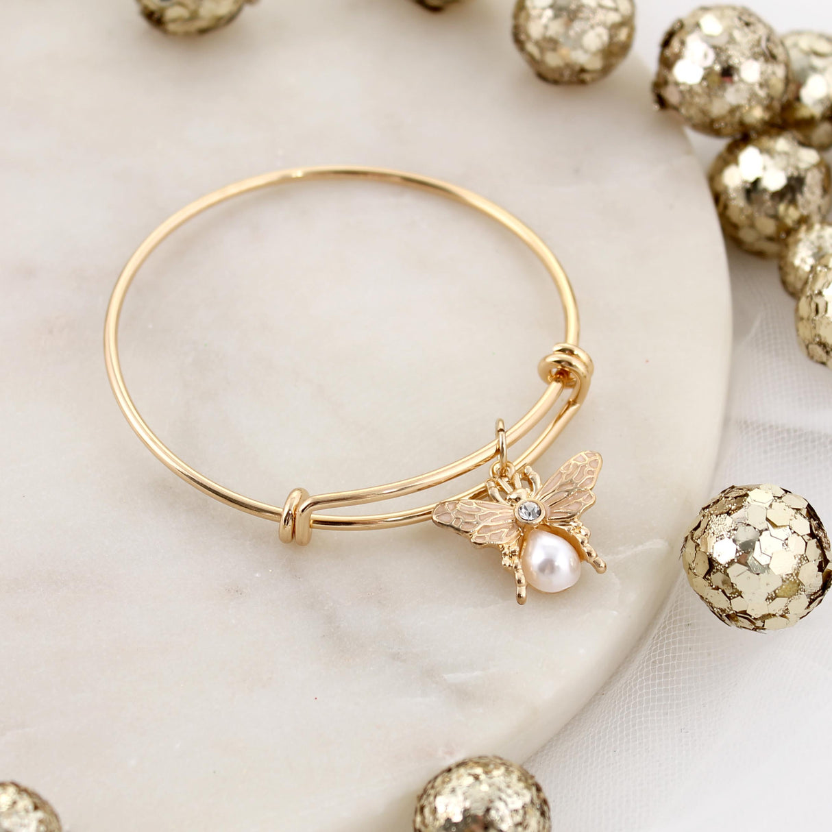 Gold and Pearl Bee Bangle Bracelet