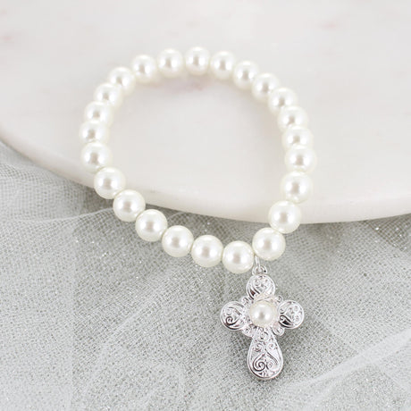 Silver Filigree & Pearl Cross Stretch Bracelet