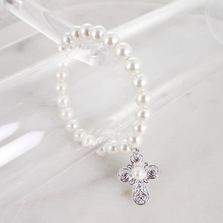 Silver Filigree & Pearl Cross Stretch Bracelet