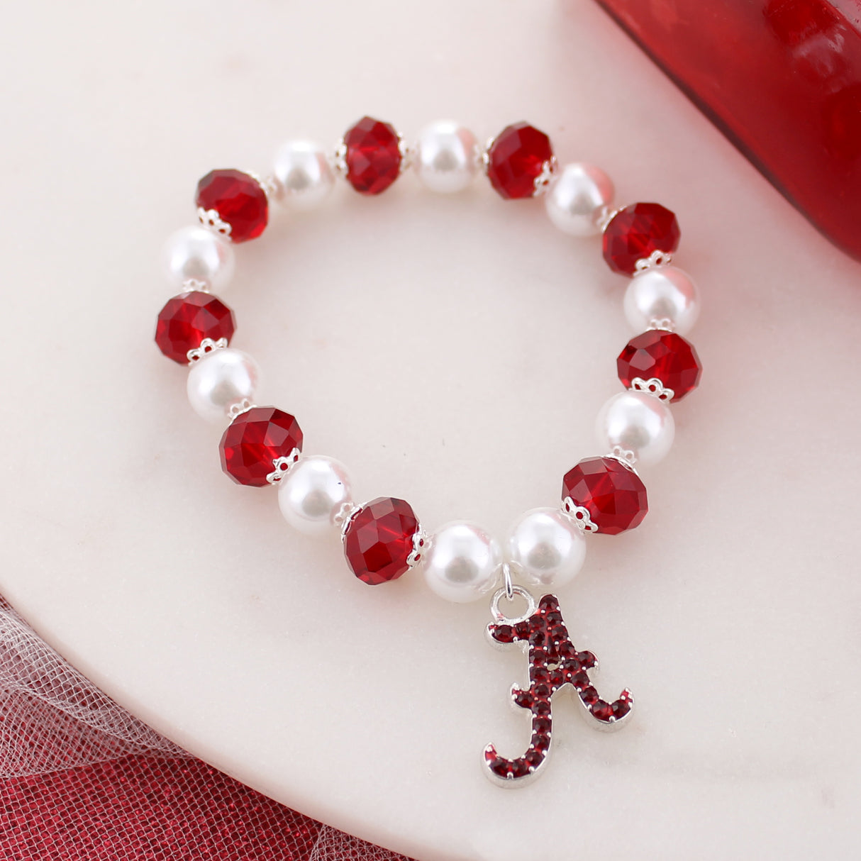 Alabama Pearl & Crystal Stretch Bracelet w/ Crystal Logo