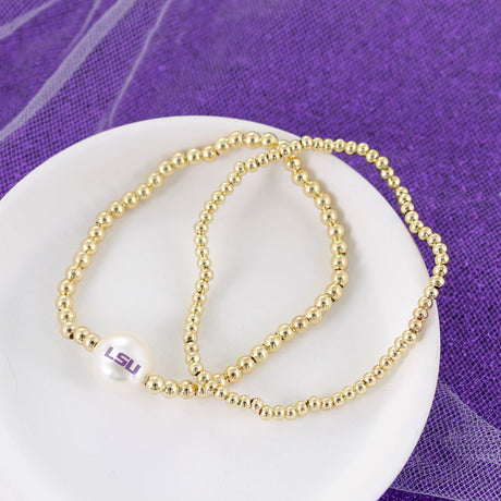 LSU Gold & Pearl Logo Stretch Bracelet Set