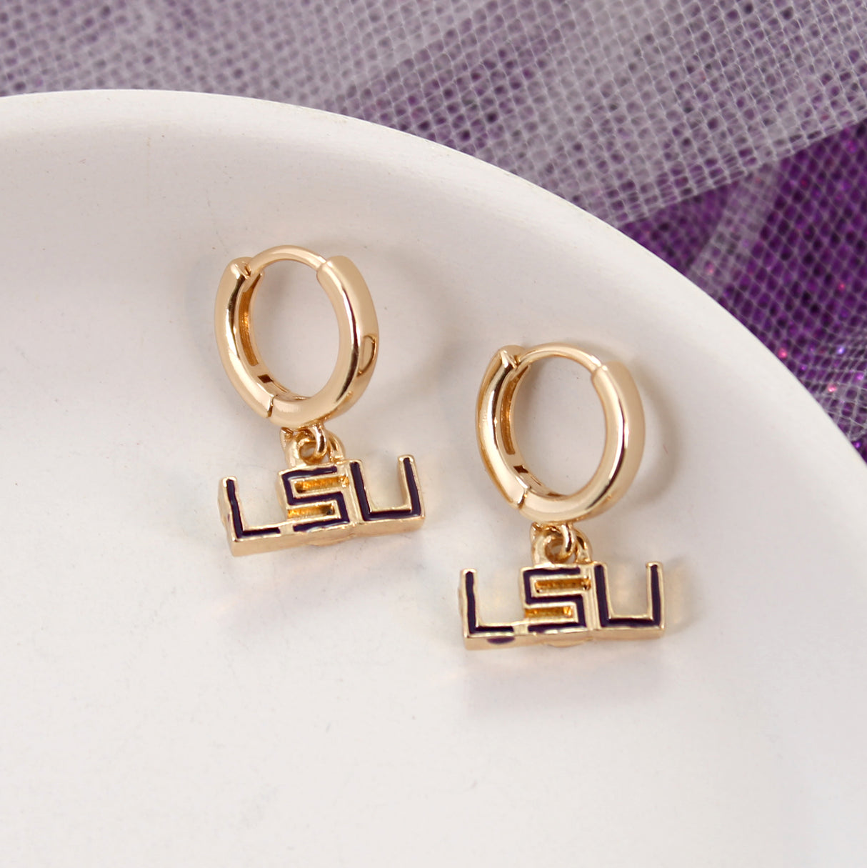 LSU Gold Huggie Hoop Earrings w/Enamel Logo