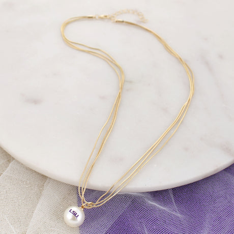18" LSU Gold & Pearl Logo 3-Strand Necklace