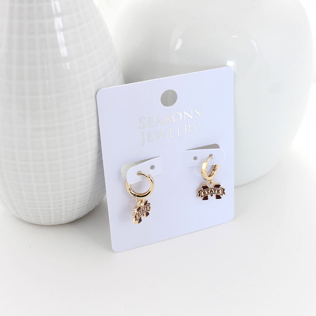 Mississippi State Gold Huggie Hoop Earrings w/Enamel Logo