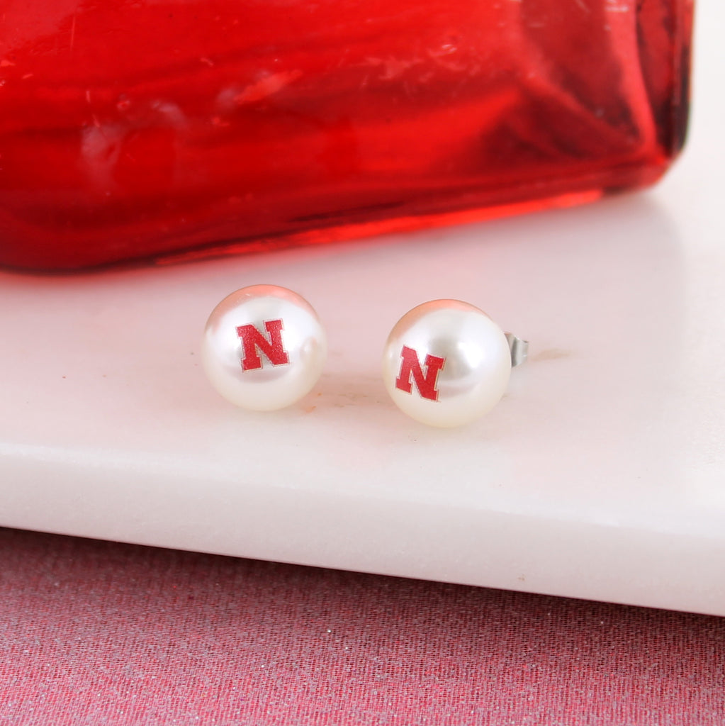 Nebraska Logo Pearl Stud Earrings