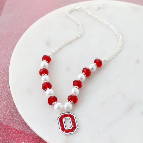 Ohio State Pearl & Crystal Bead 18 - 20" Necklace w/ Crystal Logo