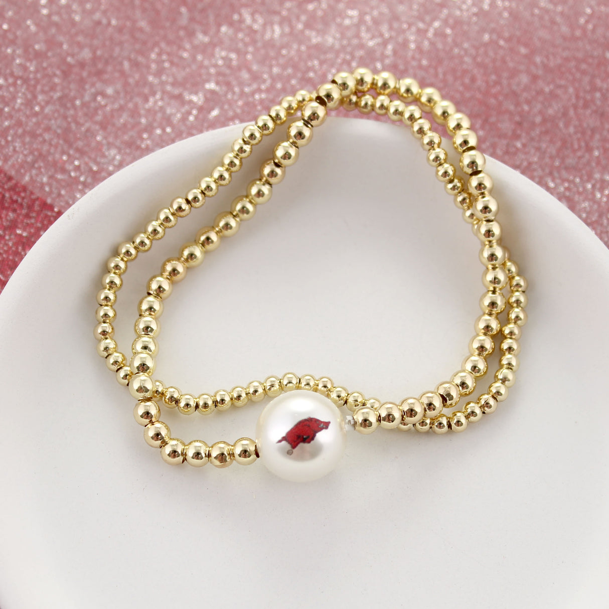 Arkansas Gold & Pearl Logo Stretch Bracelet Set