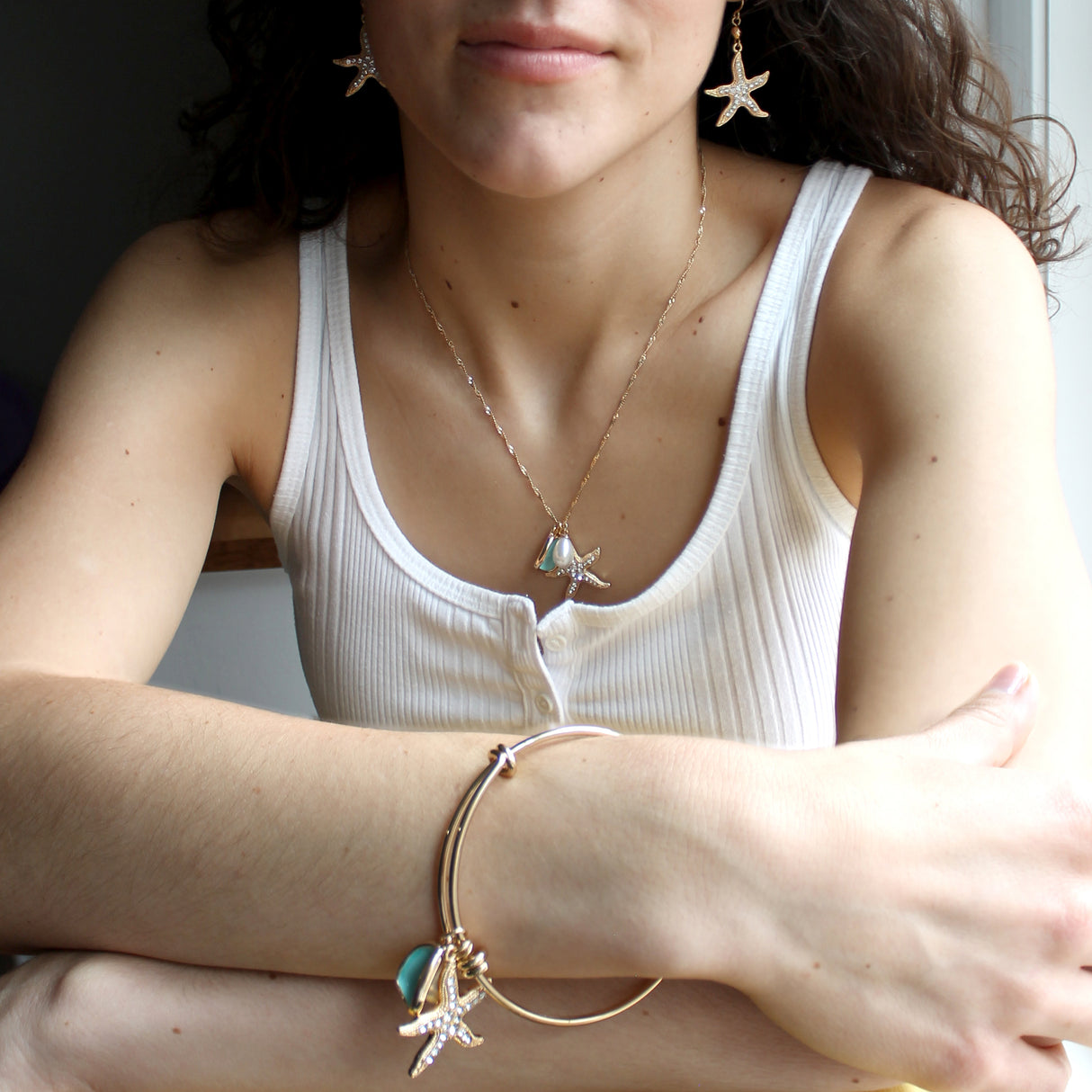 Crystal Starfish Wire Bangle Bracelet