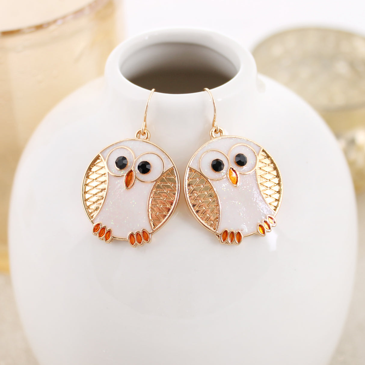 Gold Round Owl Earrings