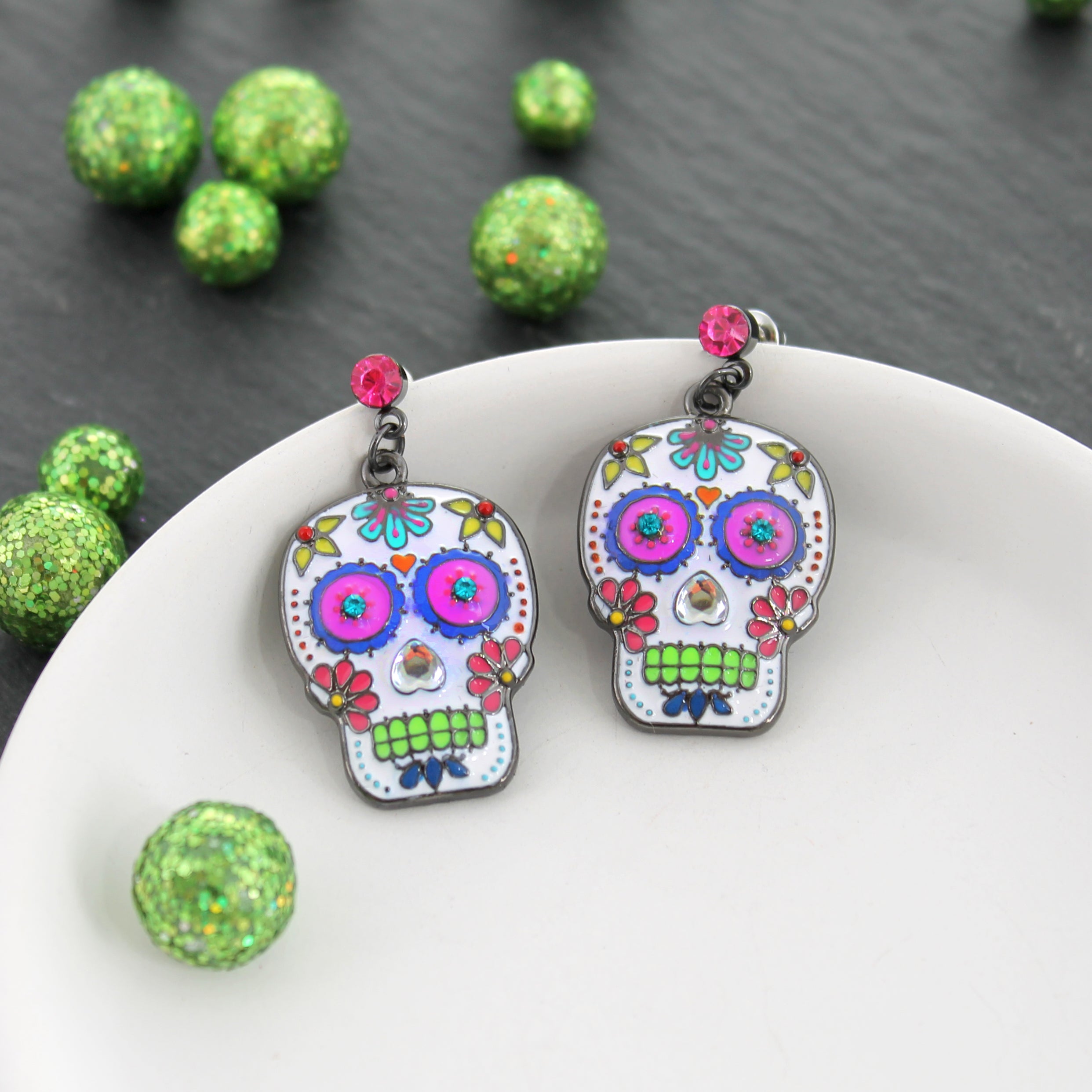 Sugar Skull Earrings . Halloween Jewelry . Day of the on sale dead . Blue Topaz