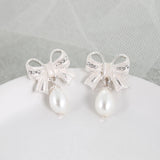 Crystal Bow w/ Dangle Pearl Earrings