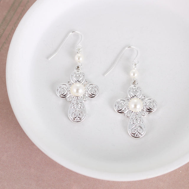 Silver Filigree & Pearl Cross Earrings