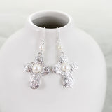 Silver Filigree & Pearl Cross Earrings