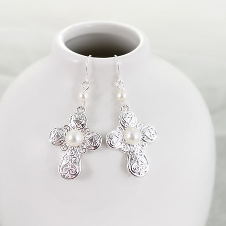 Silver Filigree & Pearl Cross Earrings