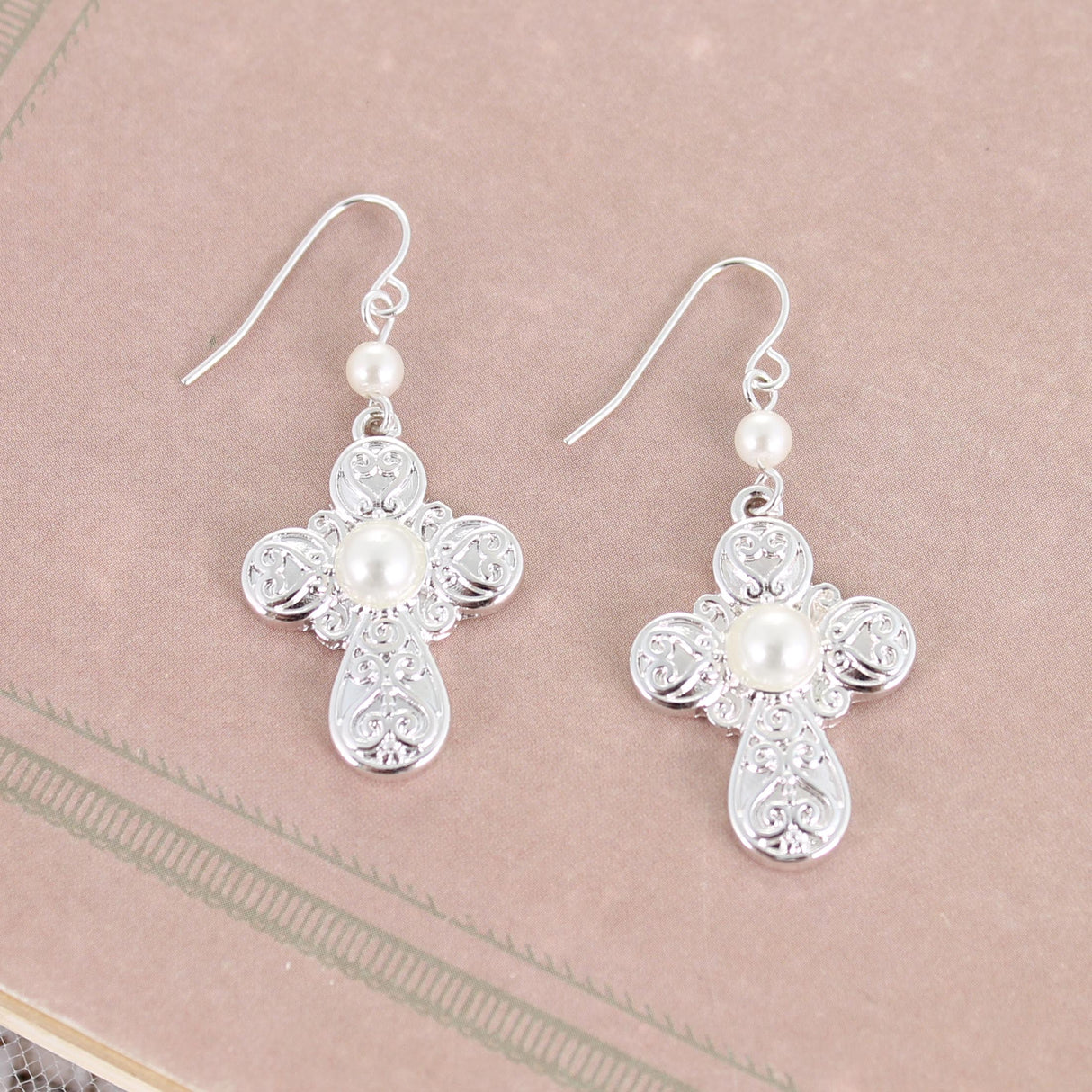 Silver Filigree & Pearl Cross Earrings