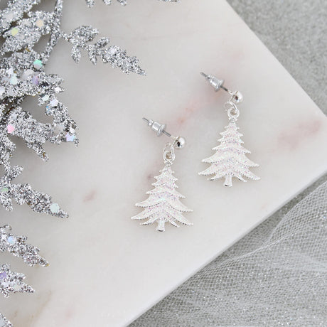 White Glitter Enamel Christmas Tree Earrings