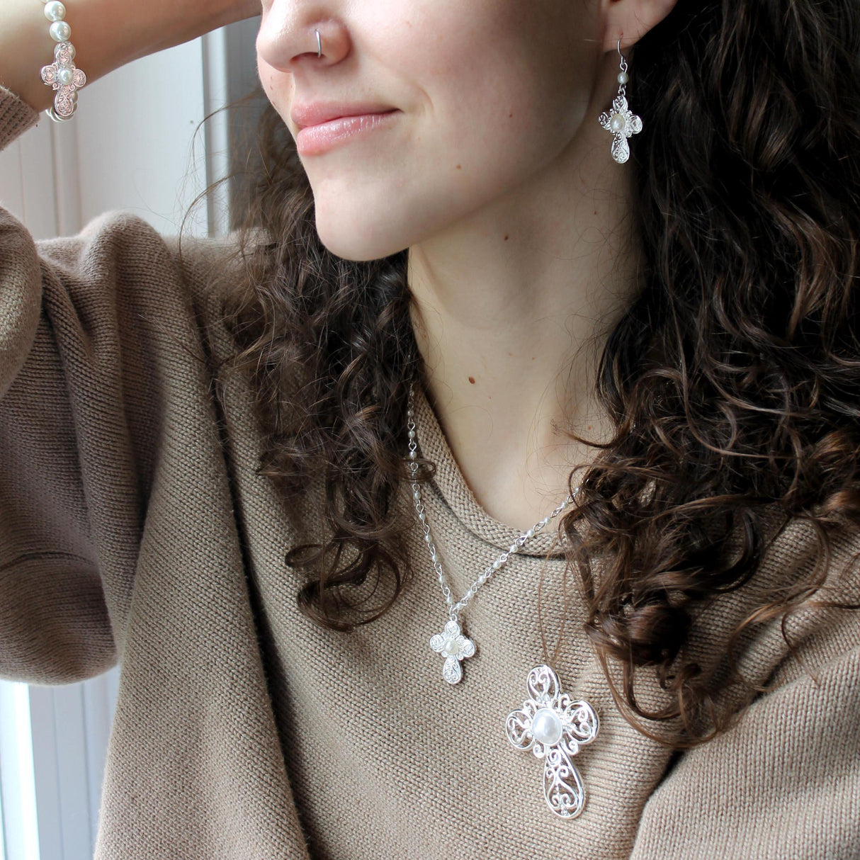 Silver Filigree & Pearl Cross Earrings