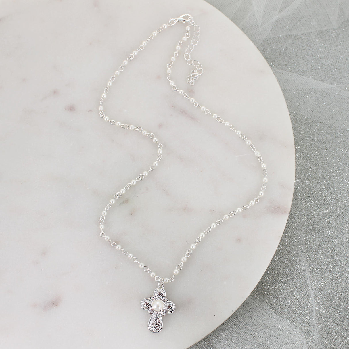 Silver Filigree & Pearl Cross Necklace