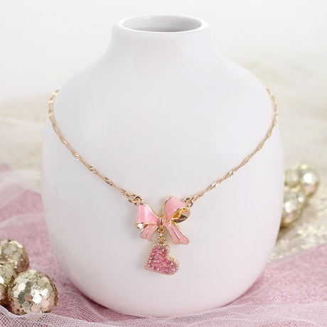 Pink Bow w/ Dangle Heart Valentine’s Day Necklace