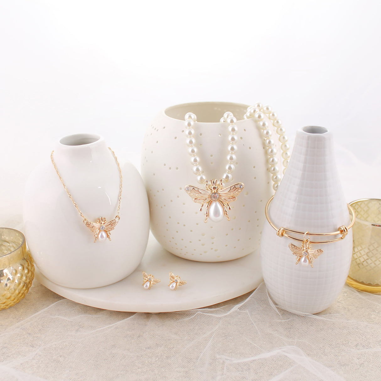 Gold and Pearl Bee Stud Earrings