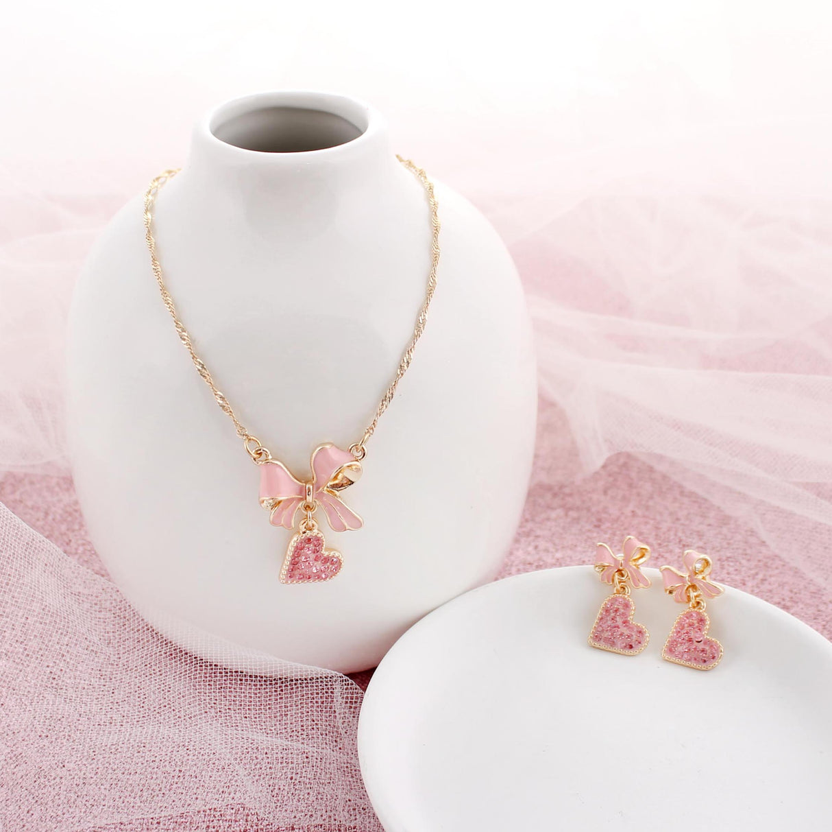 Pink Bow w/ Dangle Heart Valentine’s Day Earrings