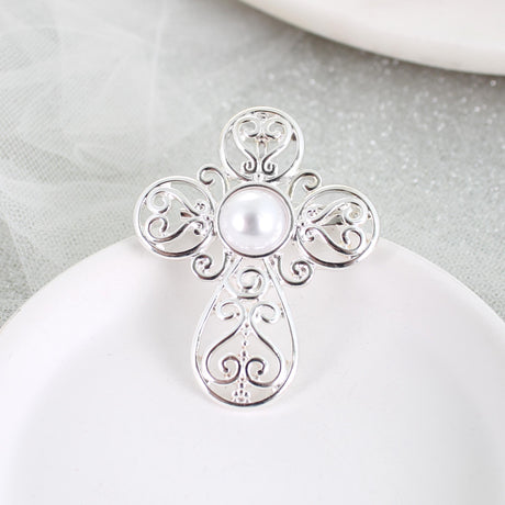 Silver Filigree & Pearl Cross Pin/Pendant
