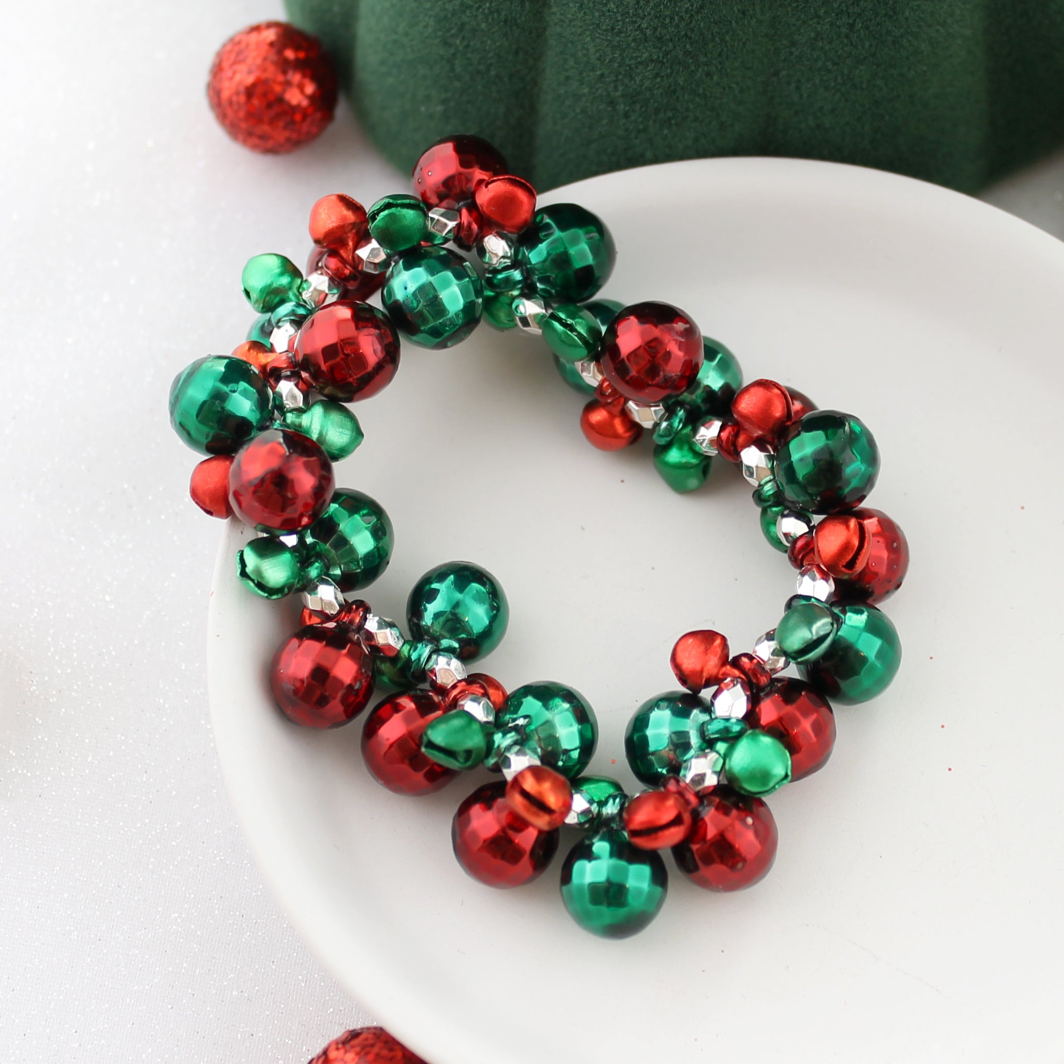 Jingle Bell Bracelet with red, green and silver seed beads. Gold
