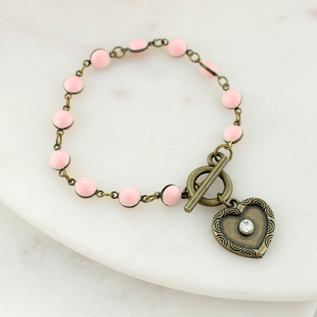 Vintage Heart & Pink Enamel Toggle Bracelet