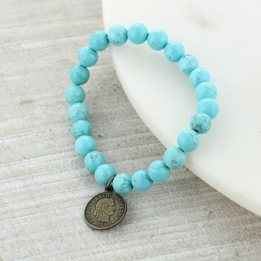 Turquoise Stone & Coin Stretch Bracelet