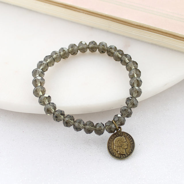 Smokey Taupe Crystal & Coin Stretch Bracelet